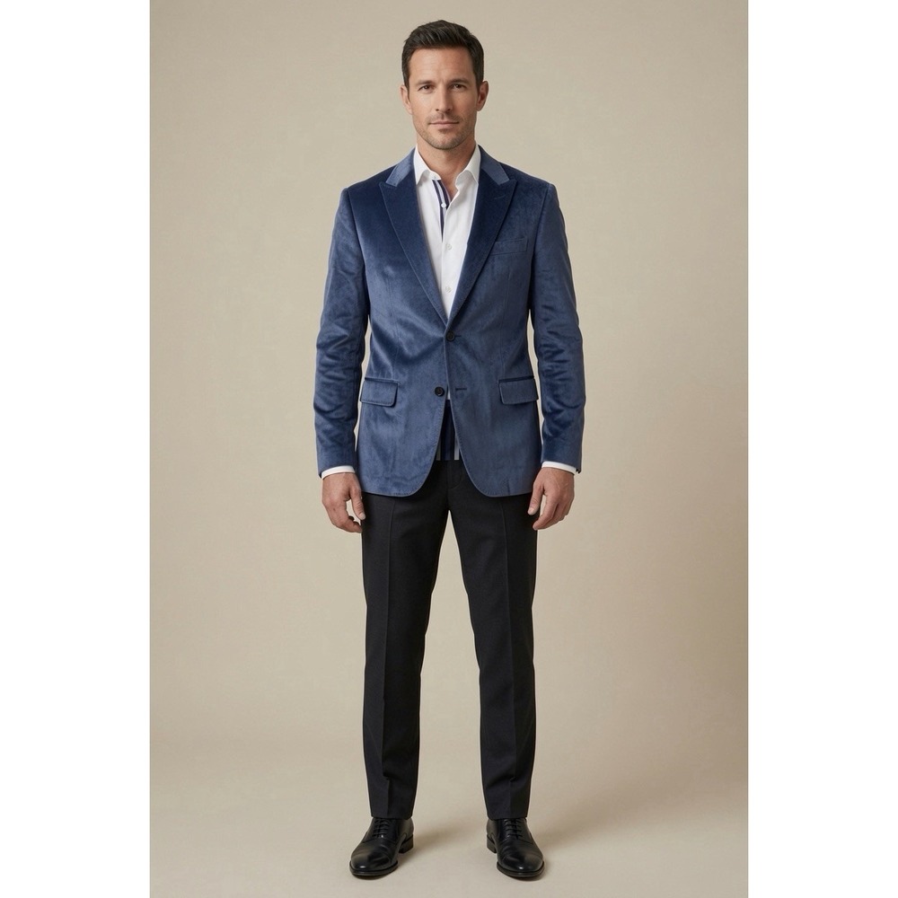 VERSACE Velvet Single-Breasted Blazer Blue Men US 40R Peak Lapel Designer $2999